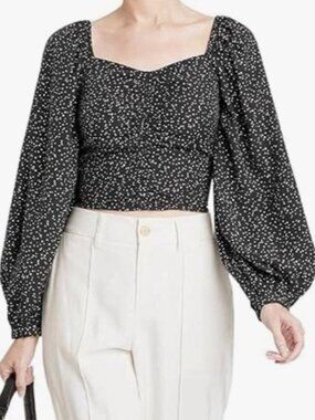 A New Day Polka Dot Balloon Sleeve Top Ruched Front Blouse M